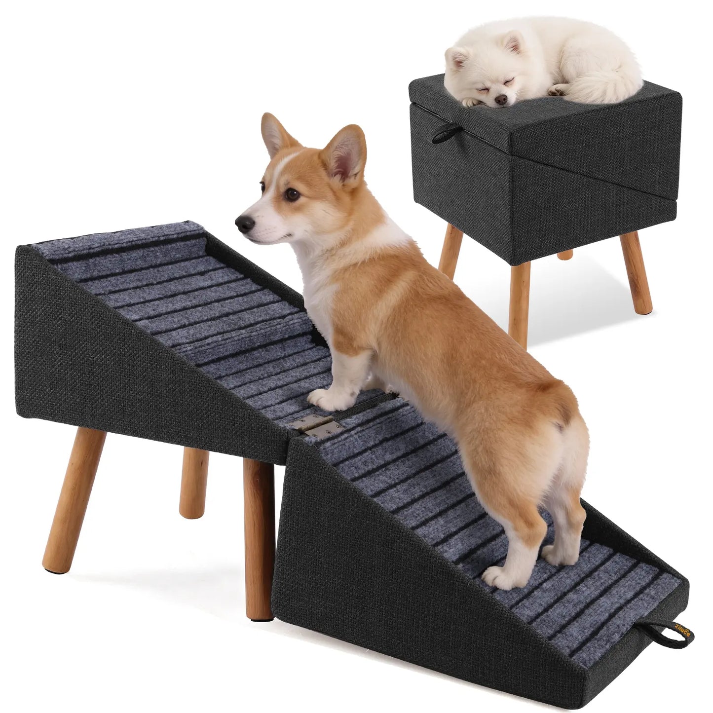  for Small Dogs, 2-In-1 Pet Steps & Ottoman - Foldable Dog Stairs for Couch, Non-Slip Wooden Pet Stairs for Puppy Senior Injured Dogs
