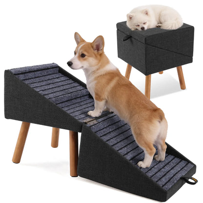  for Small Dogs, 2-In-1 Pet Steps & Ottoman - Foldable Dog Stairs for Couch, Non-Slip Wooden Pet Stairs for Puppy Senior Injured Dogs