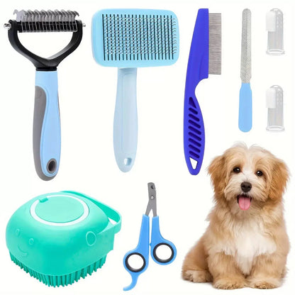 8-In-1 Complete Pet Grooming Kit for Dogs & Cats, Multi-Functional Set with Dematting Rake, Slicker Tool, Flea Comb, Nail Clippers, Bath Massage Tool & Dental Finger Brushes, At-Home Spa Supplies for Mat Removal, Shedding Control & Oral Care