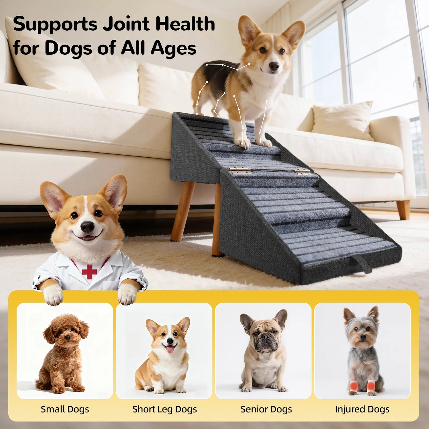  for Small Dogs, 2-In-1 Pet Steps & Ottoman - Foldable Dog Stairs for Couch, Non-Slip Wooden Pet Stairs for Puppy Senior Injured Dogs