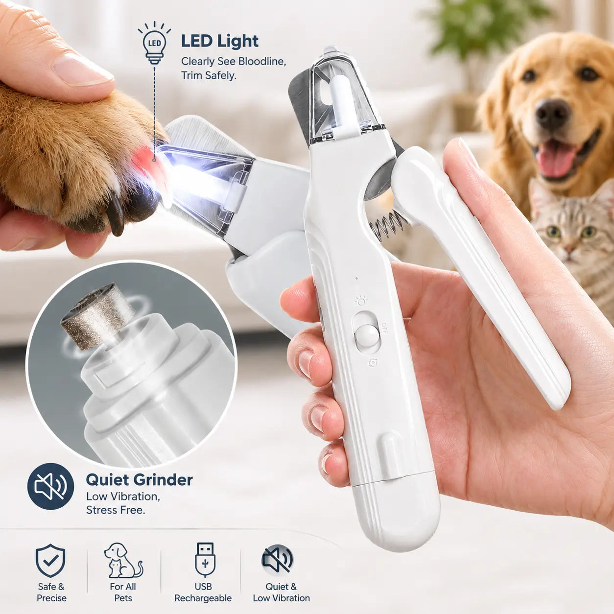 2-In-1 Dog & Cat Paw Trimmer Set - LED Light Nail Grinder, Stainless Steel Clipper, Quiet Low-Noise Operation, USB Rechargeable, Safe Quick View Design, for All Pet Sizes, Home & Travel Use