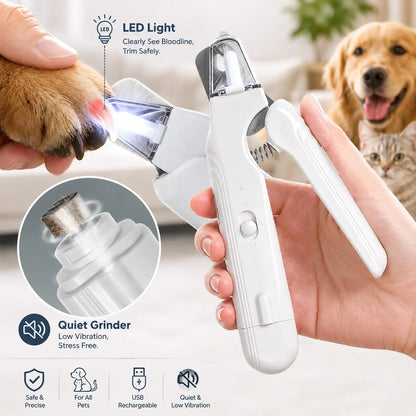 2-In-1 Dog & Cat Paw Trimmer Set - LED Light Nail Grinder, Stainless Steel Clipper, Quiet Low-Noise Operation, USB Rechargeable, Safe Quick View Design, for All Pet Sizes, Home & Travel Use