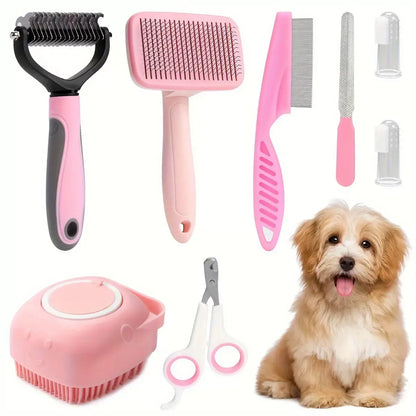 8-In-1 Complete Pet Grooming Kit for Dogs & Cats, Multi-Functional Set with Dematting Rake, Slicker Tool, Flea Comb, Nail Clippers, Bath Massage Tool & Dental Finger Brushes, At-Home Spa Supplies for Mat Removal, Shedding Control & Oral Care