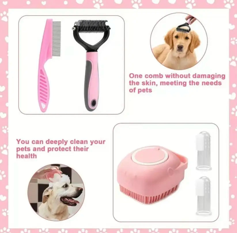 8-In-1 Complete Pet Grooming Kit for Dogs & Cats, Multi-Functional Set with Dematting Rake, Slicker Tool, Flea Comb, Nail Clippers, Bath Massage Tool & Dental Finger Brushes, At-Home Spa Supplies for Mat Removal, Shedding Control & Oral Care