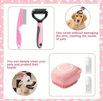 8-In-1 Complete Pet Grooming Kit for Dogs & Cats, Multi-Functional Set with Dematting Rake, Slicker Tool, Flea Comb, Nail Clippers, Bath Massage Tool & Dental Finger Brushes, At-Home Spa Supplies for Mat Removal, Shedding Control & Oral Care