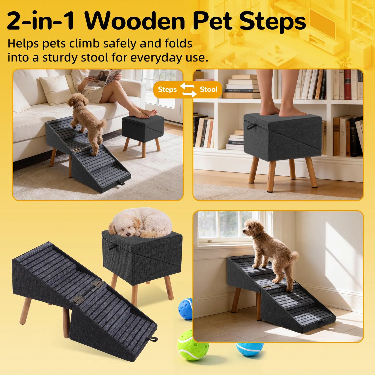  for Small Dogs, 2-In-1 Pet Steps & Ottoman - Foldable Dog Stairs for Couch, Non-Slip Wooden Pet Stairs for Puppy Senior Injured Dogs