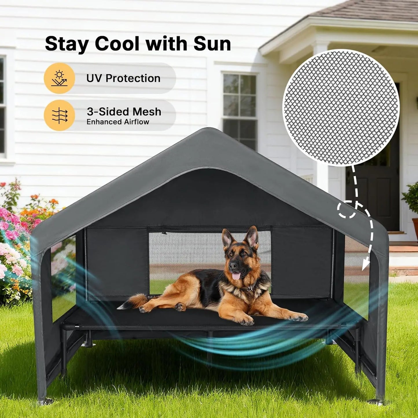Extra Large Dog House Outdoor with Elevated Bed, Weatherproof Shelter for Pets Grey All-Weather Comfort & Easy Assembly