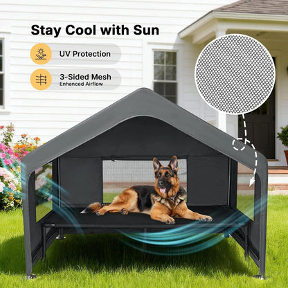 Extra Large Dog House Outdoor with Elevated Bed, Weatherproof Shelter for Pets Grey All-Weather Comfort & Easy Assembly