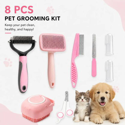 8-In-1 Complete Pet Grooming Kit for Dogs & Cats, Multi-Functional Set with Dematting Rake, Slicker Tool, Flea Comb, Nail Clippers, Bath Massage Tool & Dental Finger Brushes, At-Home Spa Supplies for Mat Removal, Shedding Control & Oral Care