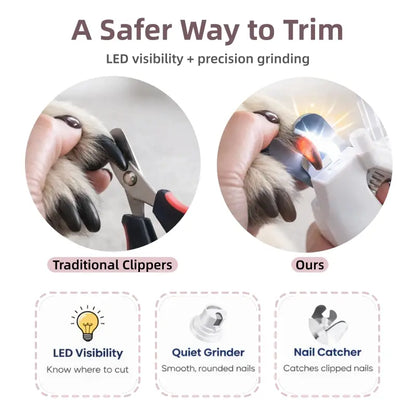 2-In-1 Dog & Cat Paw Trimmer Set - LED Light Nail Grinder, Stainless Steel Clipper, Quiet Low-Noise Operation, USB Rechargeable, Safe Quick View Design, for All Pet Sizes, Home & Travel Use