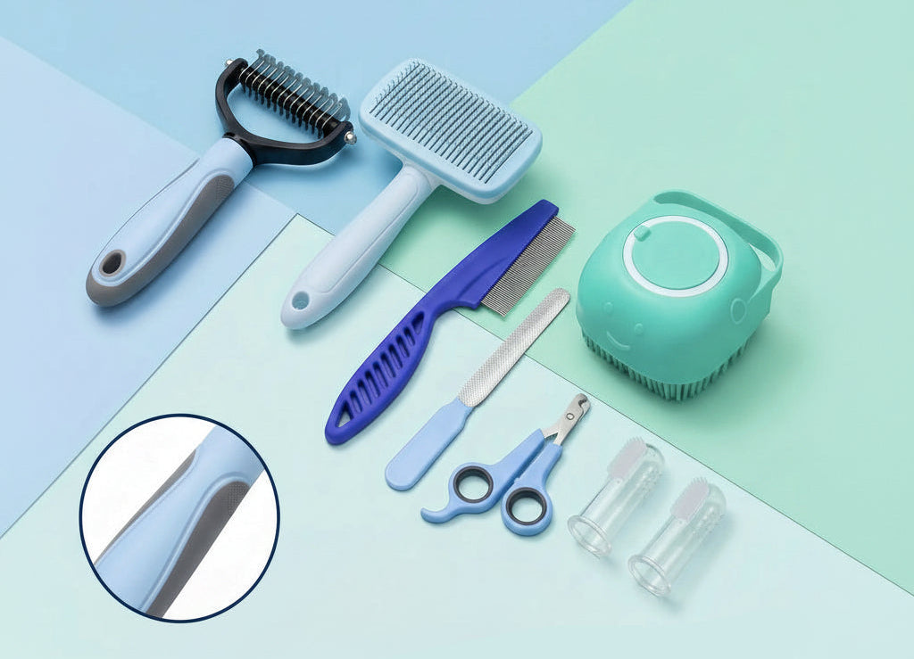 8-In-1 Complete Pet Grooming Kit for Dogs & Cats, Multi-Functional Set with Dematting Rake, Slicker Tool, Flea Comb, Nail Clippers, Bath Massage Tool & Dental Finger Brushes, At-Home Spa Supplies for Mat Removal, Shedding Control & Oral Care