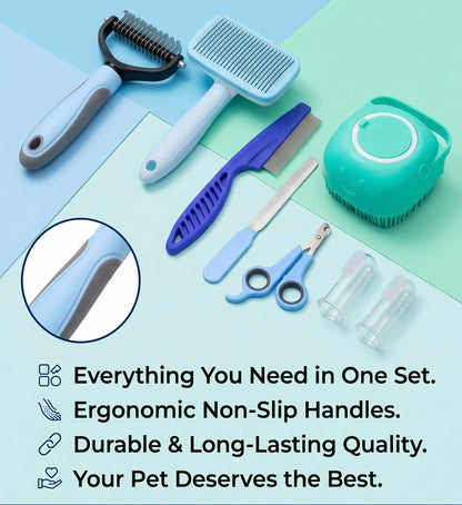 8-In-1 Complete Pet Grooming Kit for Dogs & Cats, Multi-Functional Set with Dematting Rake, Slicker Tool, Flea Comb, Nail Clippers, Bath Massage Tool & Dental Finger Brushes, At-Home Spa Supplies for Mat Removal, Shedding Control & Oral Care