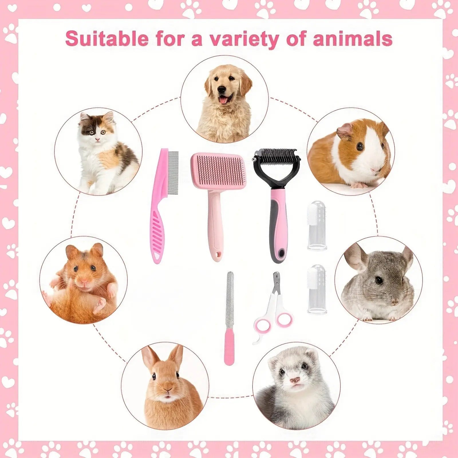 8-In-1 Complete Pet Grooming Kit for Dogs & Cats, Multi-Functional Set with Dematting Rake, Slicker Tool, Flea Comb, Nail Clippers, Bath Massage Tool & Dental Finger Brushes, At-Home Spa Supplies for Mat Removal, Shedding Control & Oral Care