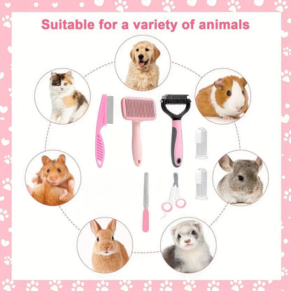 8-In-1 Complete Pet Grooming Kit for Dogs & Cats, Multi-Functional Set with Dematting Rake, Slicker Tool, Flea Comb, Nail Clippers, Bath Massage Tool & Dental Finger Brushes, At-Home Spa Supplies for Mat Removal, Shedding Control & Oral Care