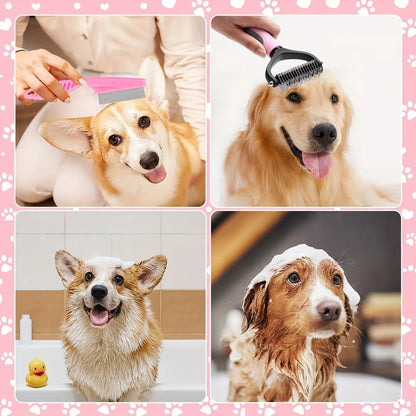 8-In-1 Complete Pet Grooming Kit for Dogs & Cats, Multi-Functional Set with Dematting Rake, Slicker Tool, Flea Comb, Nail Clippers, Bath Massage Tool & Dental Finger Brushes, At-Home Spa Supplies for Mat Removal, Shedding Control & Oral Care