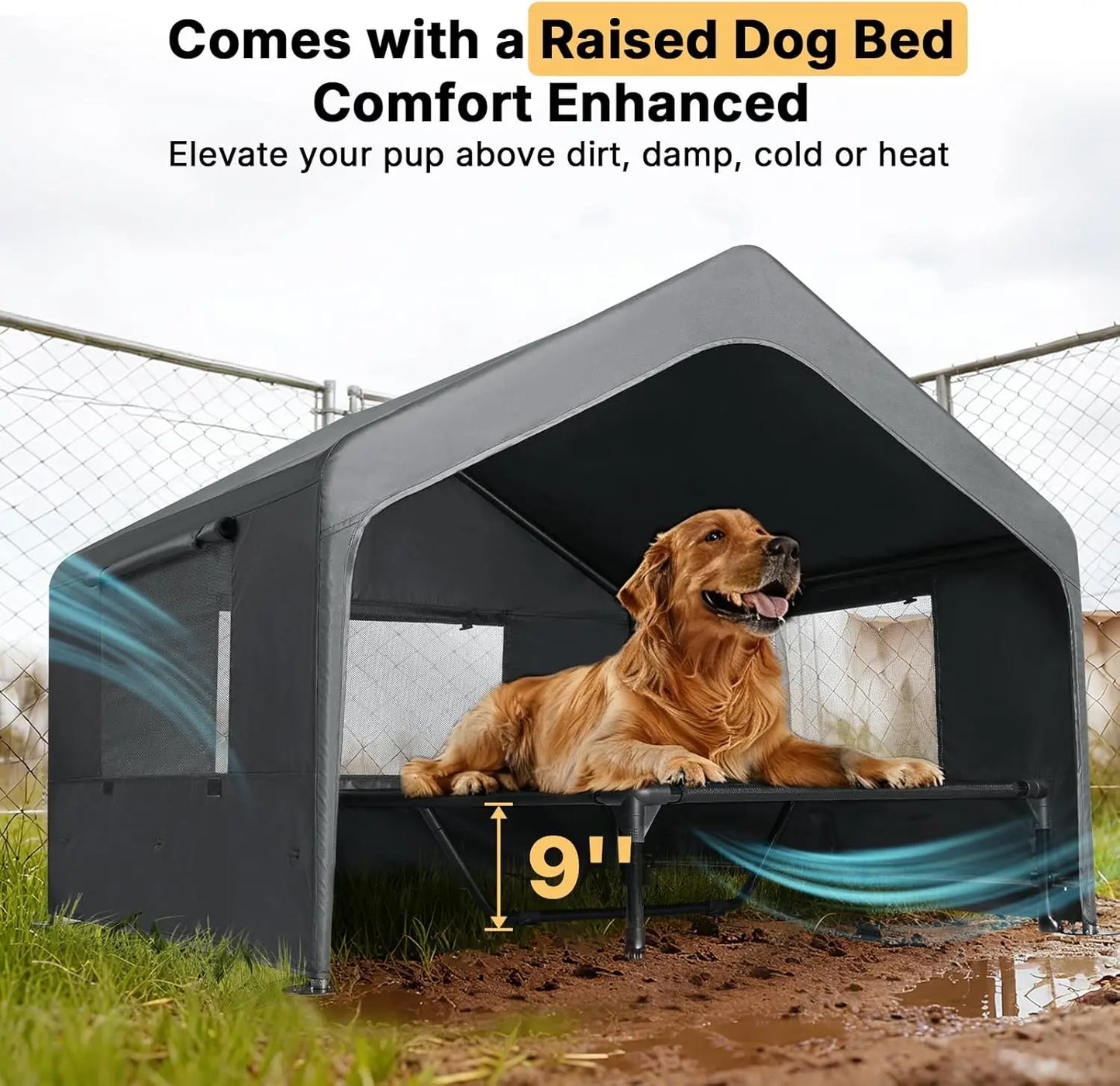 Extra Large Dog House Outdoor with Elevated Bed, Weatherproof Shelter for Pets Grey All-Weather Comfort & Easy Assembly
