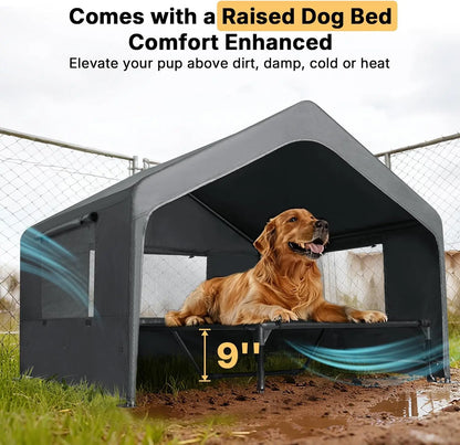 Extra Large Dog House Outdoor with Elevated Bed, Weatherproof Shelter for Pets Grey All-Weather Comfort & Easy Assembly
