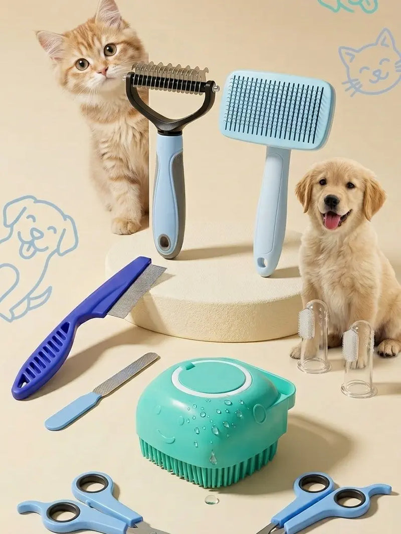 8-In-1 Complete Pet Grooming Kit for Dogs & Cats, Multi-Functional Set with Dematting Rake, Slicker Tool, Flea Comb, Nail Clippers, Bath Massage Tool & Dental Finger Brushes, At-Home Spa Supplies for Mat Removal, Shedding Control & Oral Care