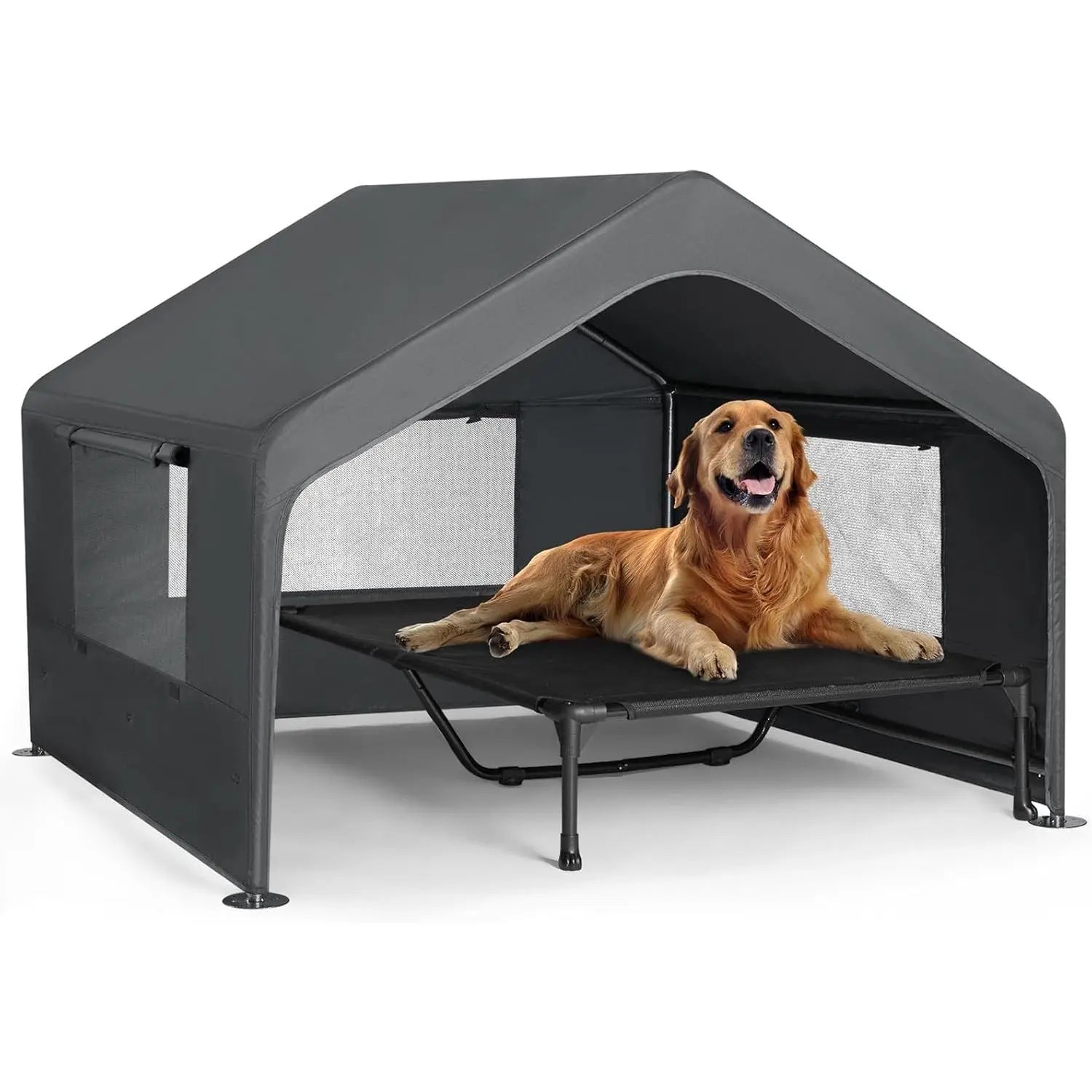 Extra Large Dog House Outdoor with Elevated Bed, Weatherproof Shelter for Pets Grey All-Weather Comfort & Easy Assembly