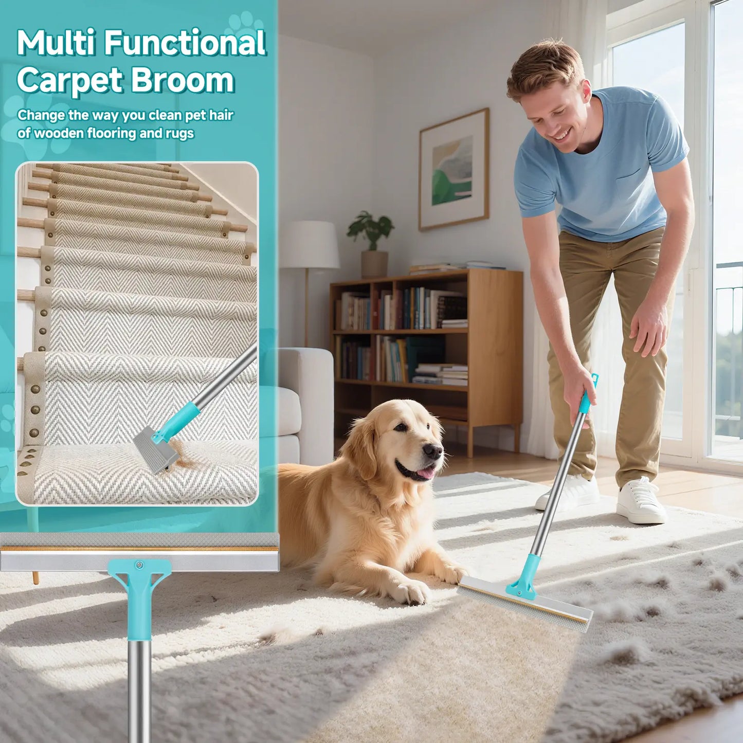 JAPIROC Carpet Rake for Pet Hair Removal (3 Pack), Dog Cat Fur Remover Rubber Broom, Dual-Surface Pet Hair Remover Broom,Adjustable Cat Dog Carpet Rake, Scraper Brush for Carpet, Rug, Car Mat, Couch, Pet Bed, Furniture,Father'S Day Gift