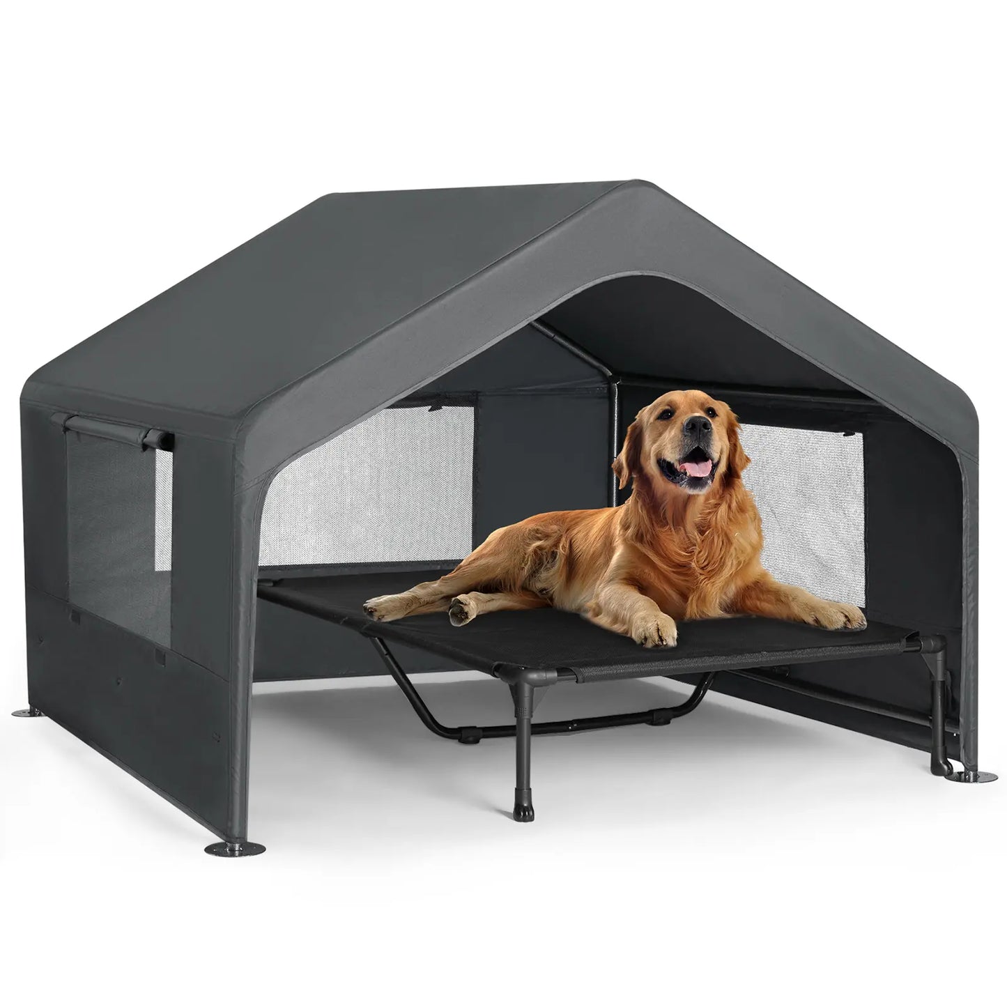 Extra Large Dog House Outdoor with Elevated Bed, Weatherproof Shelter for Pets Grey All-Weather Comfort & Easy Assembly