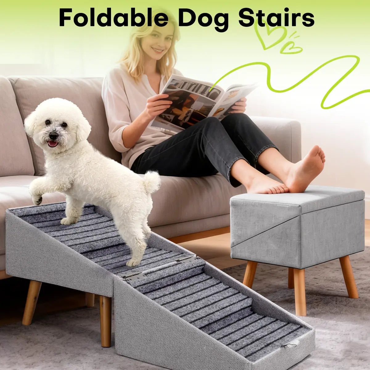  for Small Dogs, 2-In-1 Pet Steps & Ottoman - Foldable Dog Stairs for Couch, Non-Slip Wooden Pet Stairs for Puppy Senior Injured Dogs
